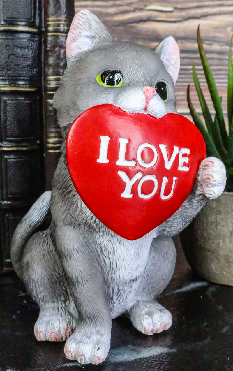 Feline Gray Tabby Cat Kitten Holding Large Red Heart Sign I Love You Figurine