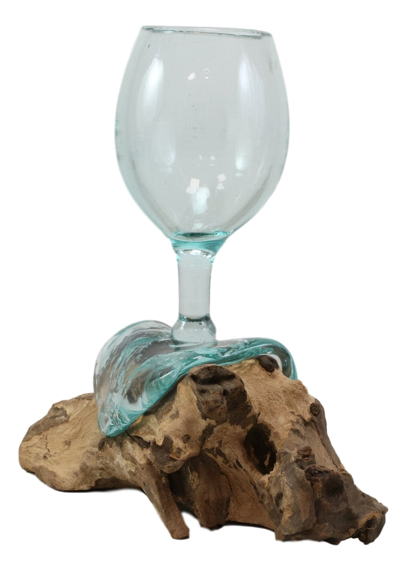 Balinese Handicraft Natural Driftwood Root With Molten Hand Blown Wine Glass