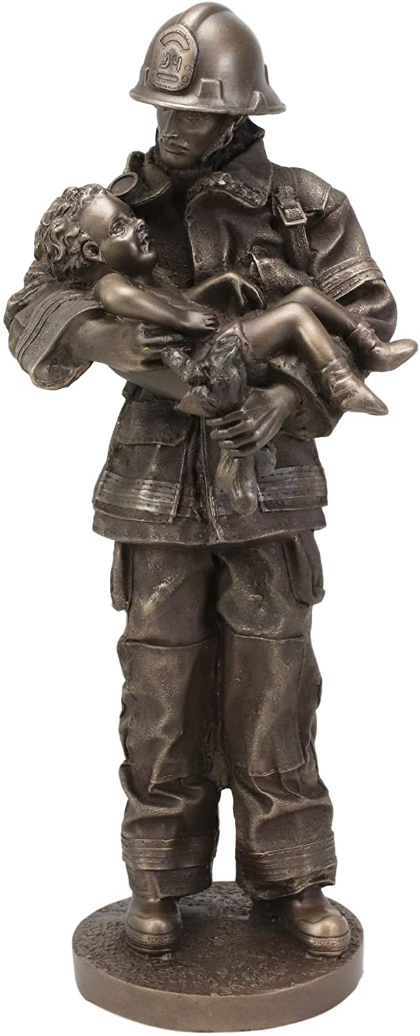 Ebros Gift Fireman Fire Fighter Holding Child Decorative Figurine 12" Tall Resin