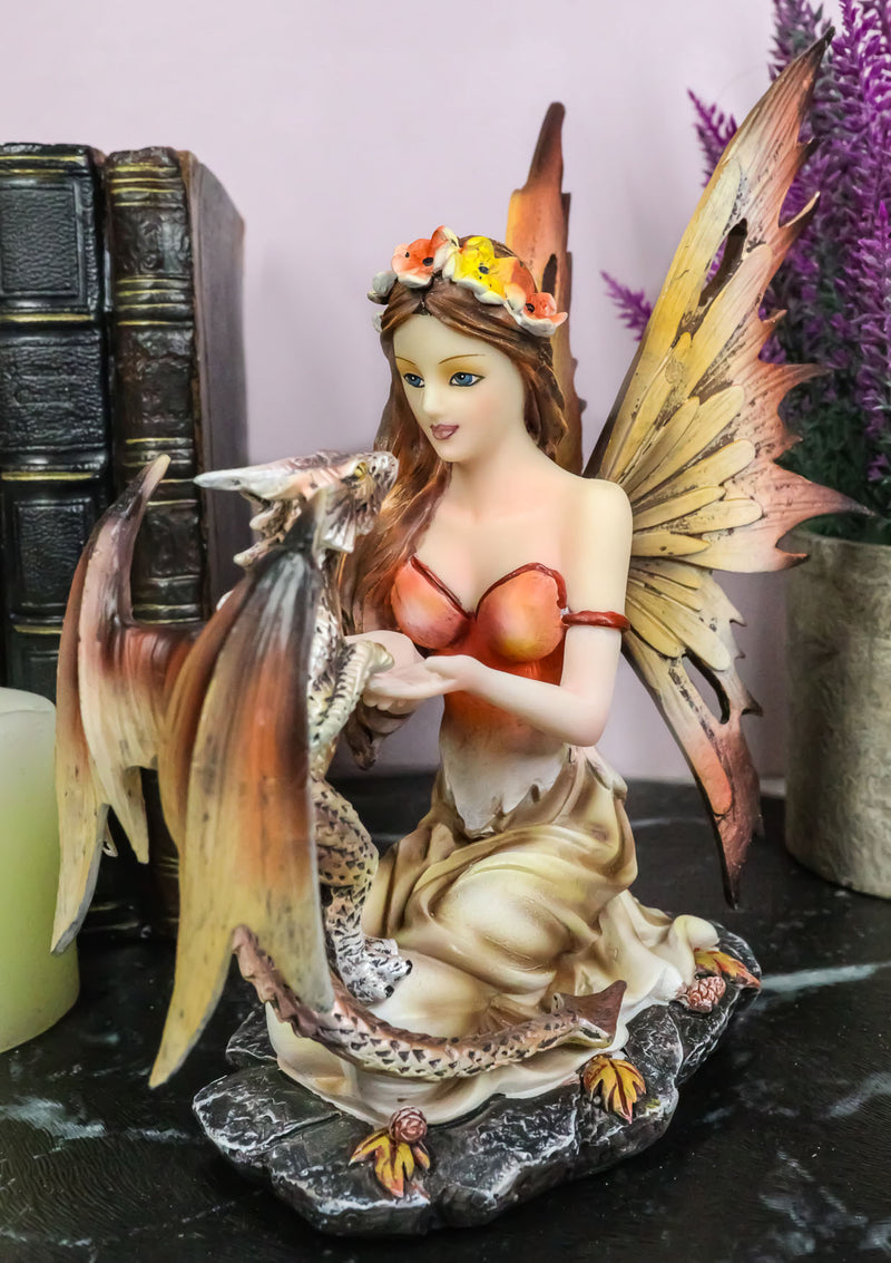 Beautiful Scarlet Fire Fairy Goddess With Spotted Dragon Figurine Fantasy Decor