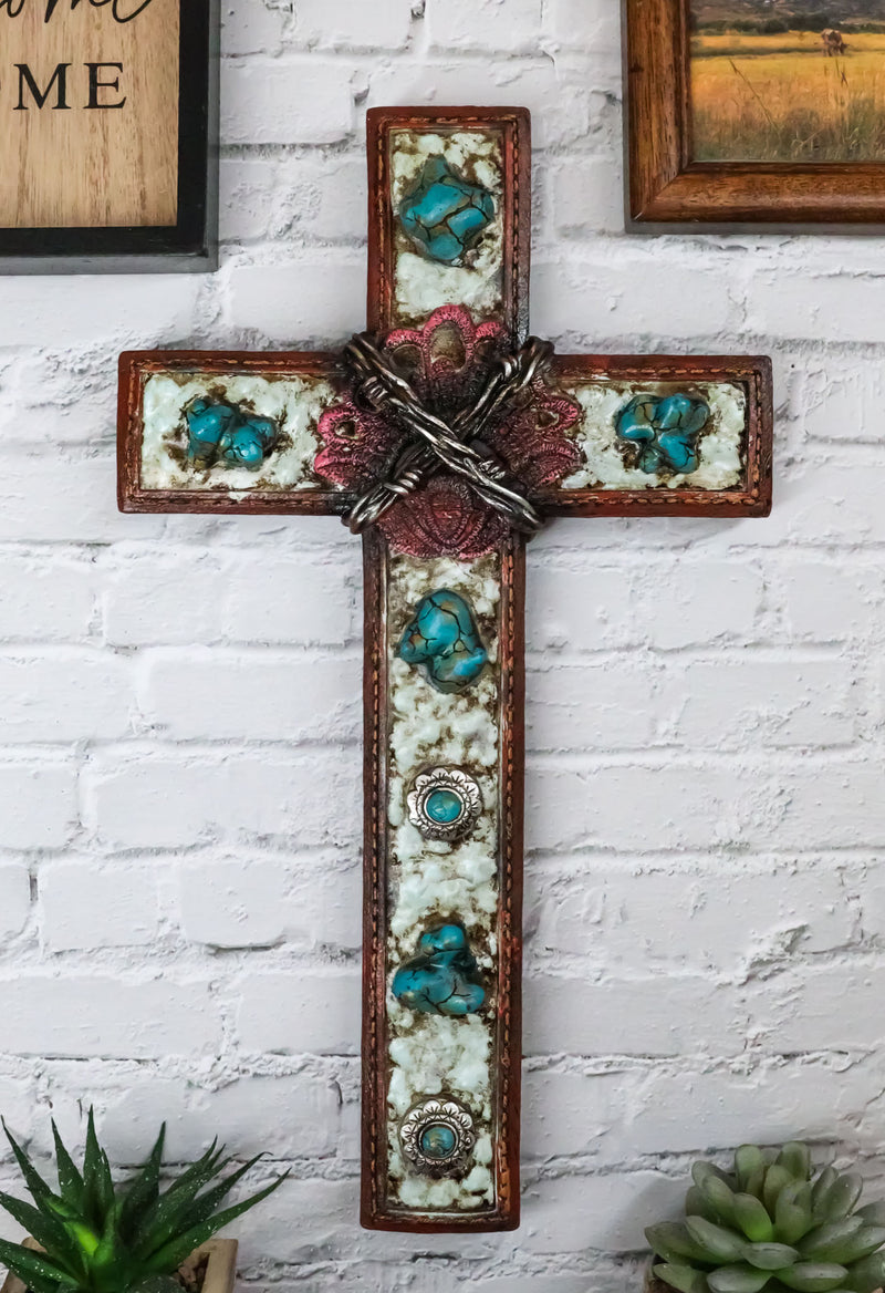 Rustic Western Crackled Turquoise Stones On White Rocks Barbed Wires Wall Cross