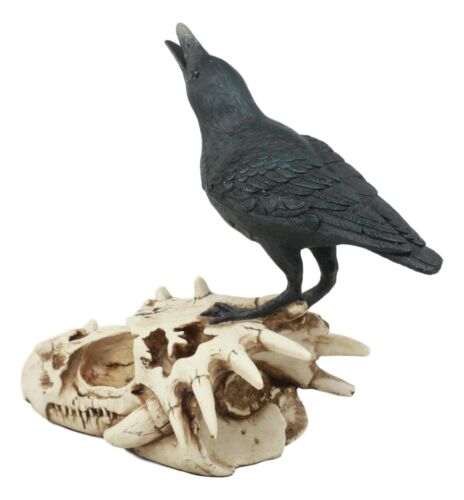 Ghost Scavenger Bird Raven Crow Resting On Dragon Skull Fossil Figurine