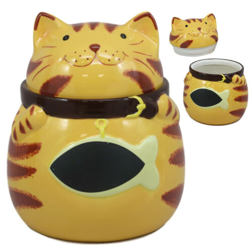 Ceramic Feline Orange Tabby Fat Cat With Giant Fish Belly Cookie Jar 7.25"Tall