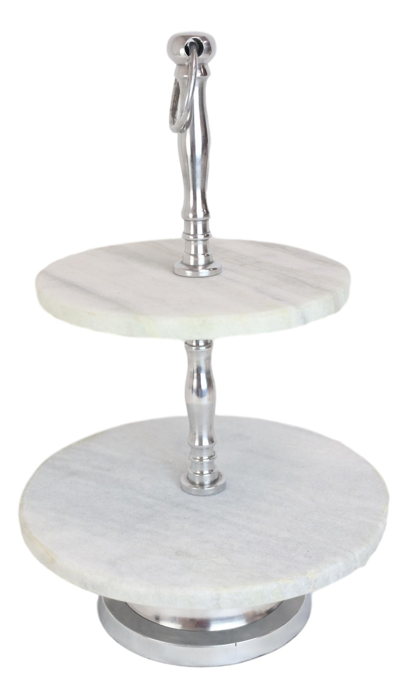 Contemporary 2 Tier Dining Tabletop Marble Aluminum Serving Platter Tray Stand