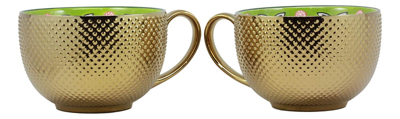 Large Luxury Gold Plated Green Trio Clovers Drink Tea Coffee Mug 28oz Set Of Two