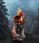 Metallic Crimson Red Dragon Guarding Castle Tower On Mountain Cliff Figurine