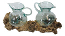 Balinese Gamal Wood Driftwood Plank With 2 Molten Glass Water Jugs Carafe Decor