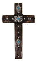 Rustic Western Turquoise Gems Silver Conchos Tooled Leather Wall Cross Decor