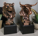 Stock Market Roaring Bear And Bull Bust Bronze Electroplated Resin Figurines Set