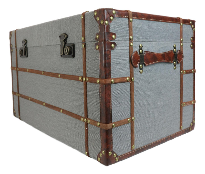 Set Of 3 Stackable Large Wood Vintage Grey Fabric With Leather Trunk Case Boxes
