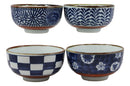 Japanese Shades Of Blue Artistic Porcelain Bowls Set of 4 Rice Salad Miso Soup