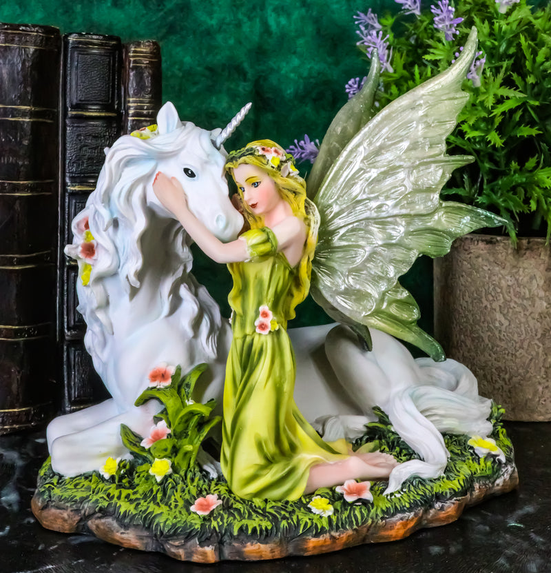 Ebros Gift Green Earth Gaia Fairy with Rare Floral White Unicorn Statue Decor Figurine 7" Long Unicorns Glade Enchanted Magical Encounter Collectible