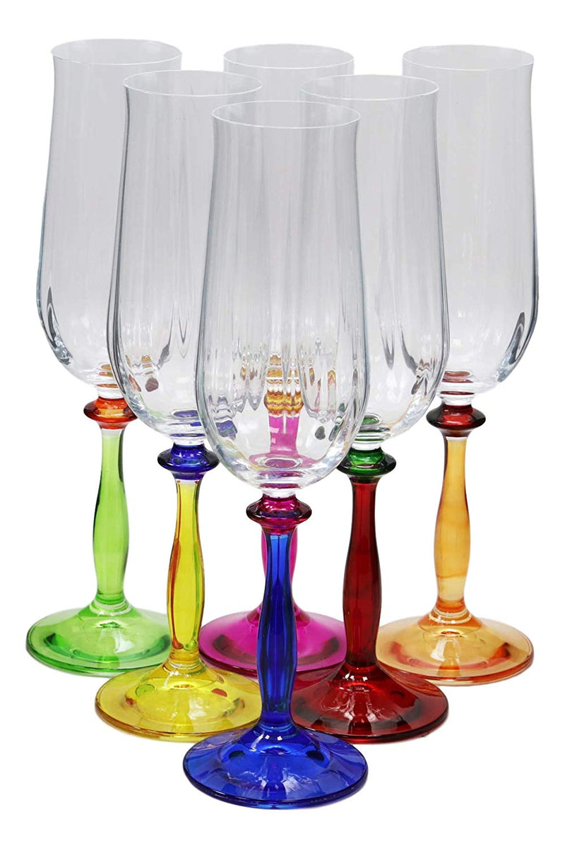 Ebros Set of 6 Italian Import Champagne Or Sparkling Wine Elegant Flute Beveled Glasses With Kiln Infused Colorful Stylized Stem Base 6oz Bartending Party Hosting Glassware