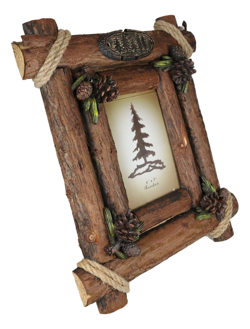 Rustic Western Autumn Fall Festive Pinecones With Wooden Log Picture Frame 5"X7"