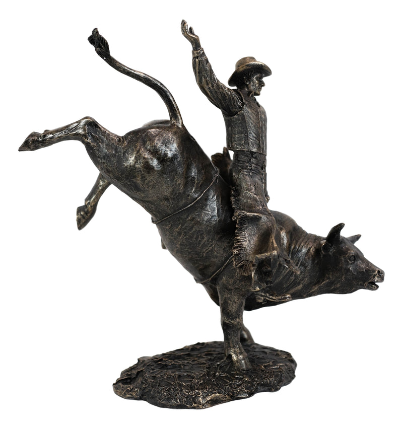 Rustic Western Wild Rodeo Bull Rider Cowboy On Bucking Bull Decorative Statue