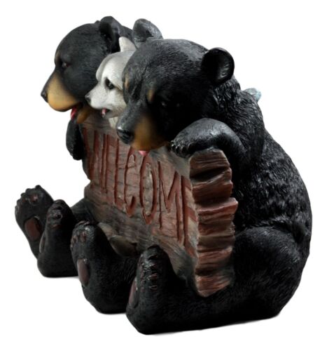 Ebros Forest Pals Welcome Sign Twin Black Bears And Racoon Garden Greeter Statue 16"L