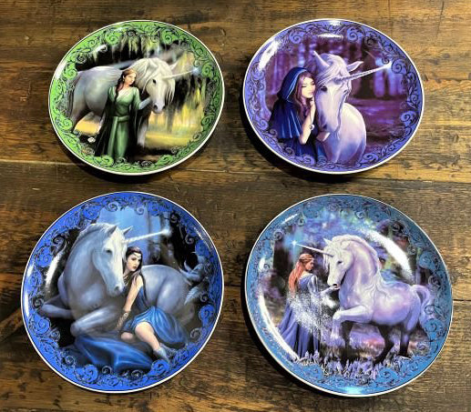 Set Of 4 Fantasy Enchanted Forest Sacred Unicorn And Maiden Dessert Salad Plates