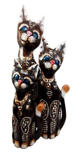 Balinese Wood Handicraft Blue Eyed Feline Cat Family Set of 3 Figurines 20"H