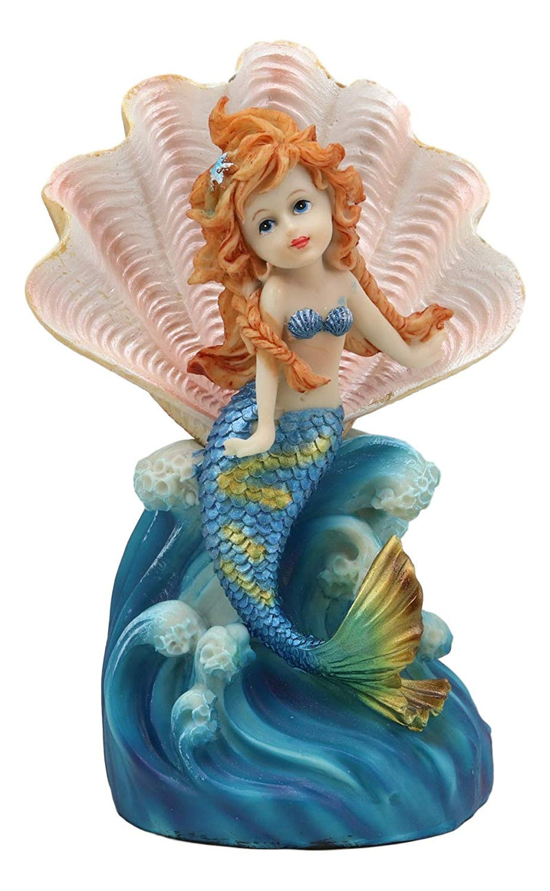 Blue Mermaid Girl In Clam Shell Holding Seashell Figurine 6.75