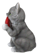 Feline Gray Tabby Cat Kitten Holding Large Red Heart Sign I Love You Figurine