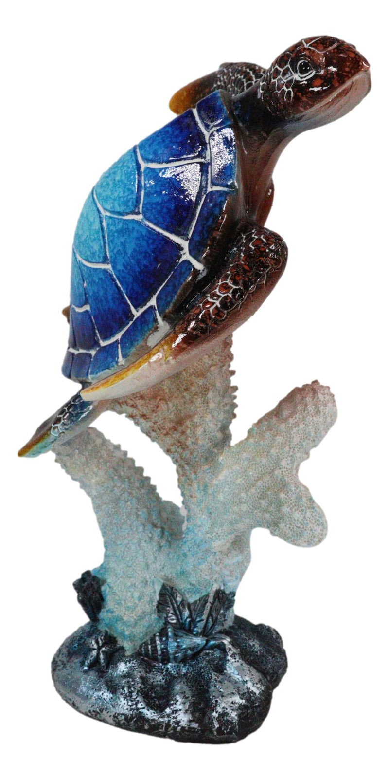 Nautical Ocean Blue Giant Sea Turtle Swimming By White Corals Figurine 8.75"H