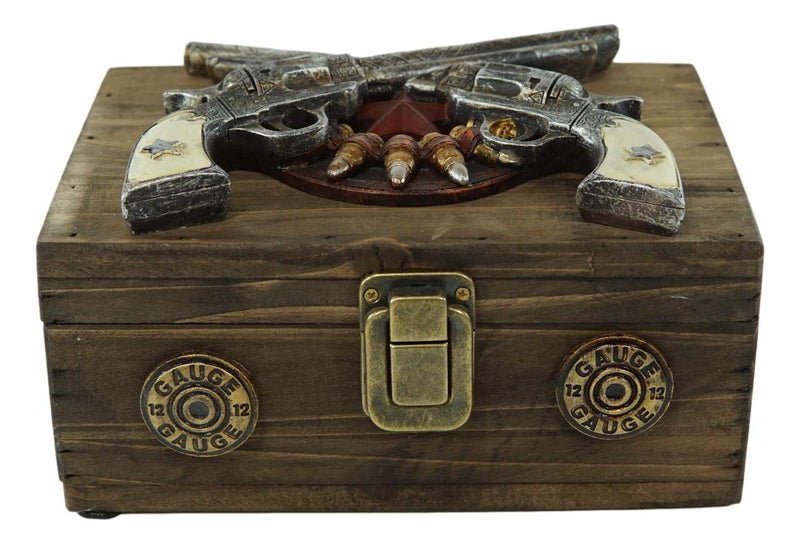 Western Rustic Cowboy Dual Revolver Pistols And Bullets Decorative Wood Box