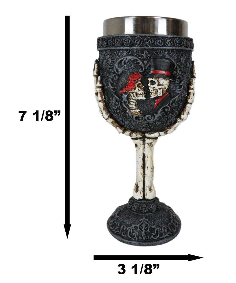 Gothic Day Of The Dead Skeleton Skull Bride And Groom Black Roses Wine Goblet