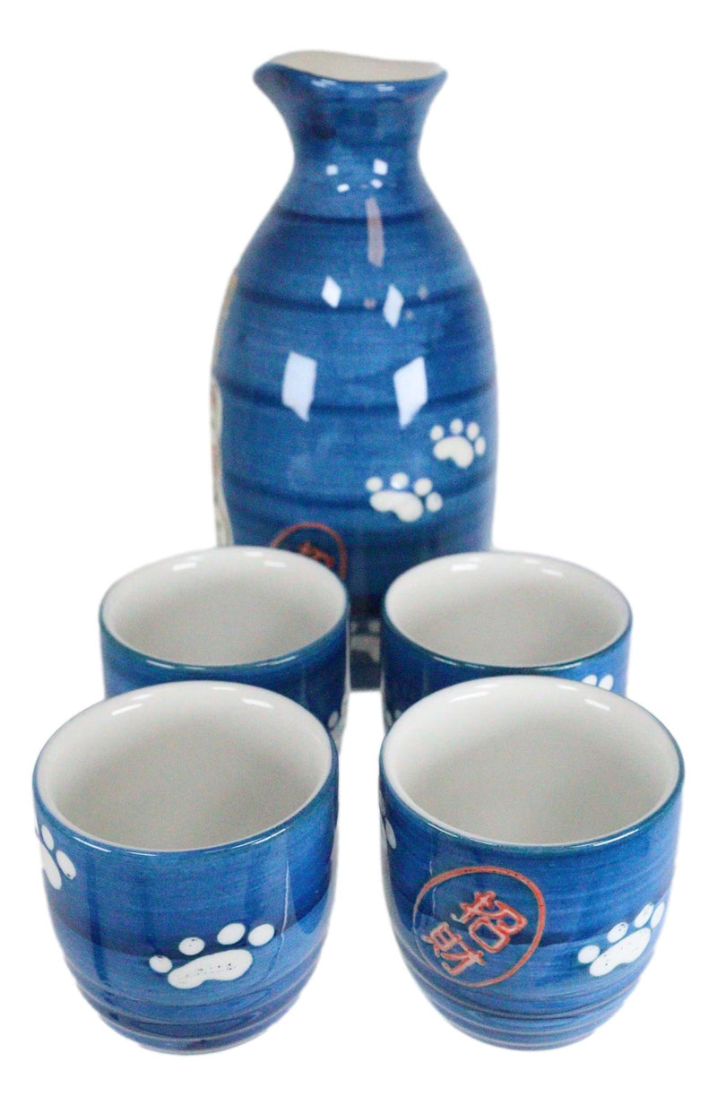 Ebros Gift Japanese Maneki Neko Lucky Charm Cat Glazed Ceramic Blue Sake Set Flask With Four Cups Great Asian Living Home Decor and Gift For Housewarming Special Friendship Eastern Decorative Party Set