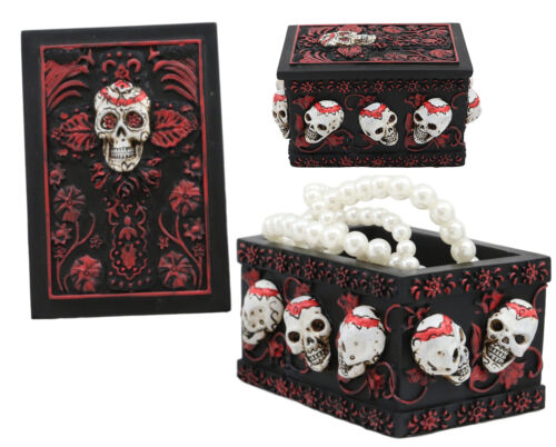 Day Of The Dead Red Floral Sugar Skull Small Stash Jewelry Box 4.25"L Figurine