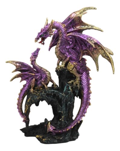 Metallic Purple Mother Dragon With Baby Family Statue 10.5"H Fantasy Home Decor