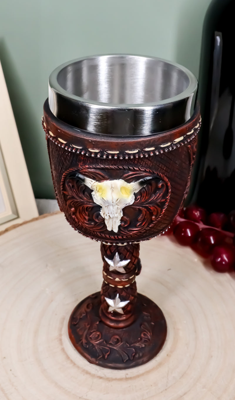 Western Cow Skull Western Stars Floral Scroll Faux Tooled Leather Wine Goblet