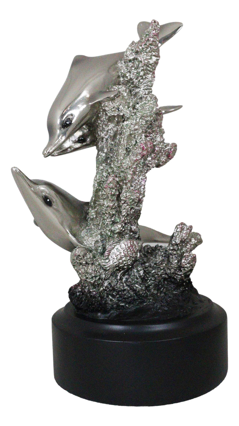 Nautical Marine Sea Dolphins By Coral Reef Silver Electroplated Resin Figurine