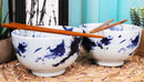 Ebros Japanese Blue Splash Paint Abstract Design Porcelain Bowls With Chopsticks Set 2