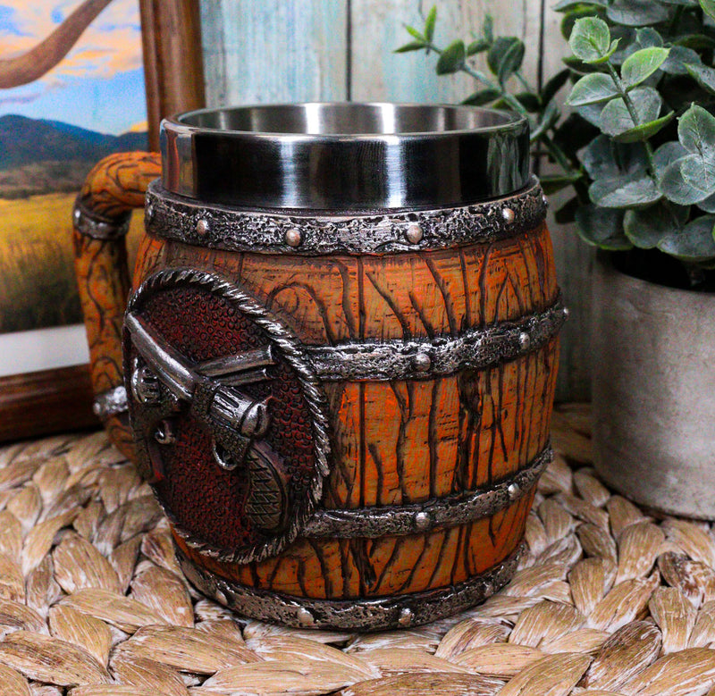 Rustic Western Crossed Dual Revolver Pistol Guns In Faux Wood Bourbon Barrel Mug