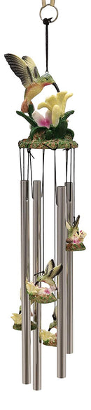 Ebros Beautiful Hummingbird with Nectarine Lily Flowers Wind Chime 21" Long Resin Crown with Aluminum Rods Wind Chime Home Patio Garden Decor of Hummingbirds Wildlife Nature Scenery Noisemakers