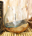 Balinese Handicraft Natural Driftwood With Fitted Hand Blown Glass Bowl 8.5"H