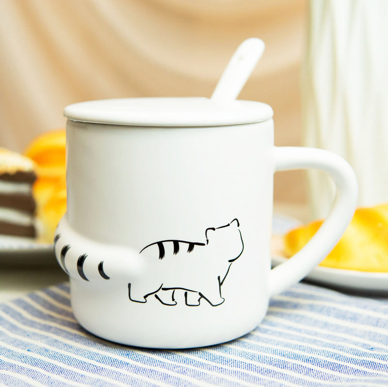 Pack Of 2 Black White Walking Cat 3D Tail Coffee Mugs With Lid And Spoon 12oz