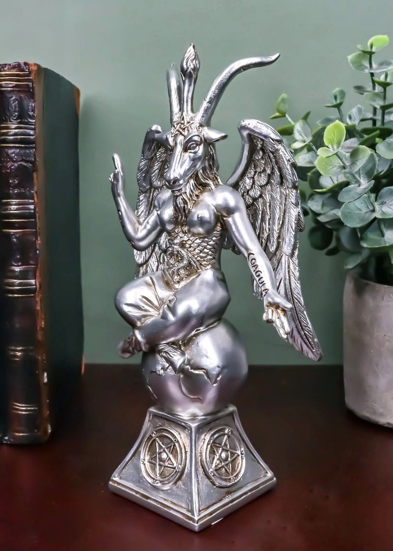 Antiqued Silver Finish Sabbatic Goat Idol Baphomet Pentagram Figurine 6.5"H