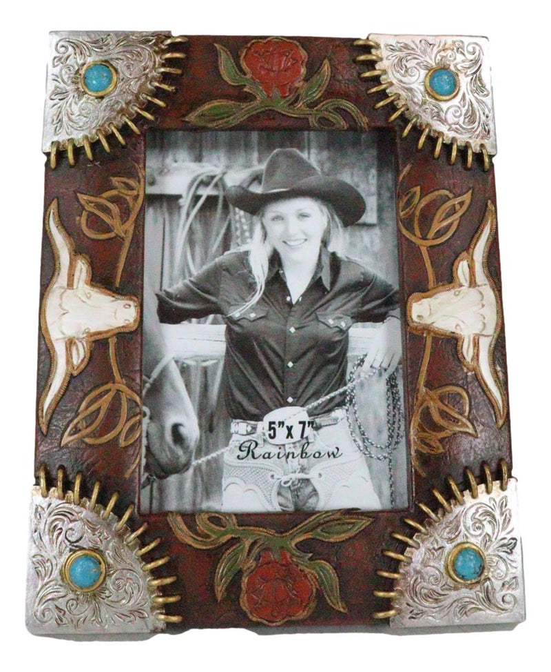 Rustic Western Longhorns Silver Conchos Turquoise Gems Picture Photo Frame 4"X6"