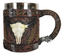 Rustic Western Bull Skull Cow With Dreamcatcher Feathers Faux Tooled Leather Mug