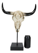 Western Rustic Tooled Bull Cow Skull With Celtic Cross Sculpture On Pole Display