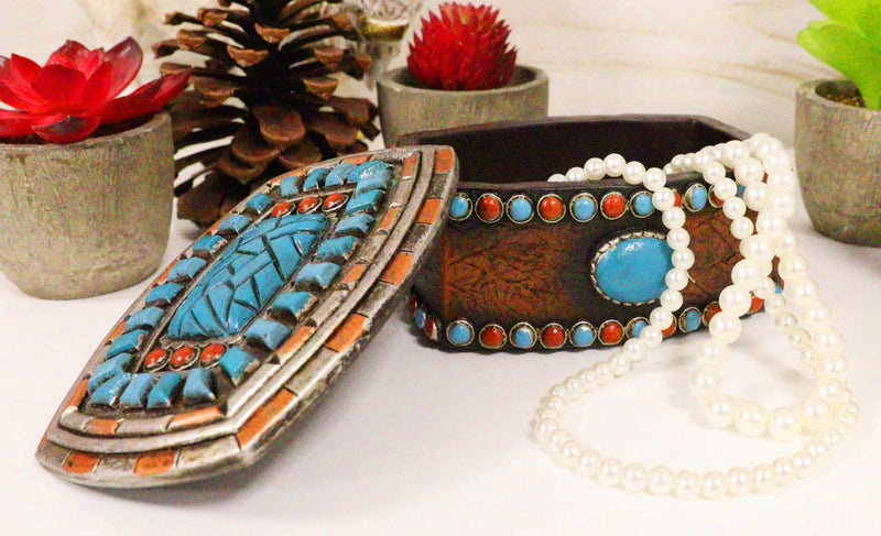 Southwest Boho Chic Navajo Vector Motif Turquoise Gems Decorative Jewelry Box