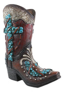 Rustic Western Turquoise Rocks Cross Scroll Art Flower Vase Planter Cowboy Boot