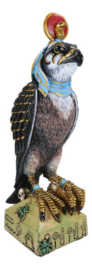 Egyptian Sky God Horus Falcon Bird With Pschent On Hieroglyphic Base Figurine