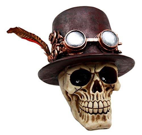 Ebros Steampunk Aristocrat With Royal Feather And Aviator Goggles Skull Figurine