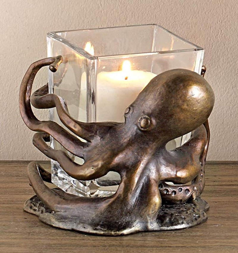 Ebros Gift Aluminum Nautical Coastal Reef Giant Kraken Sea Octopus Wrapping Its Tentacle Legs Around A Glass Votive Candle Holder Figurine As Home Living Room Or Vanity Accent Decorative Candleholder