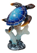 Nautical Ocean Blue Giant Sea Turtle Swimming By White Corals Figurine 8.75"H