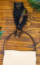 Rustic Western Forest Black Bear Holding Pinecone Branch Hand Towel Holder Ring