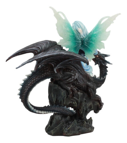 Large Ice Elemental Fairy With Night Fury Dragon Statue 14"L Fantasy Witch Fairy