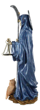 Standing Blue Santa Muerte With Scythe Scales of Justice And Wise Owl Figurine